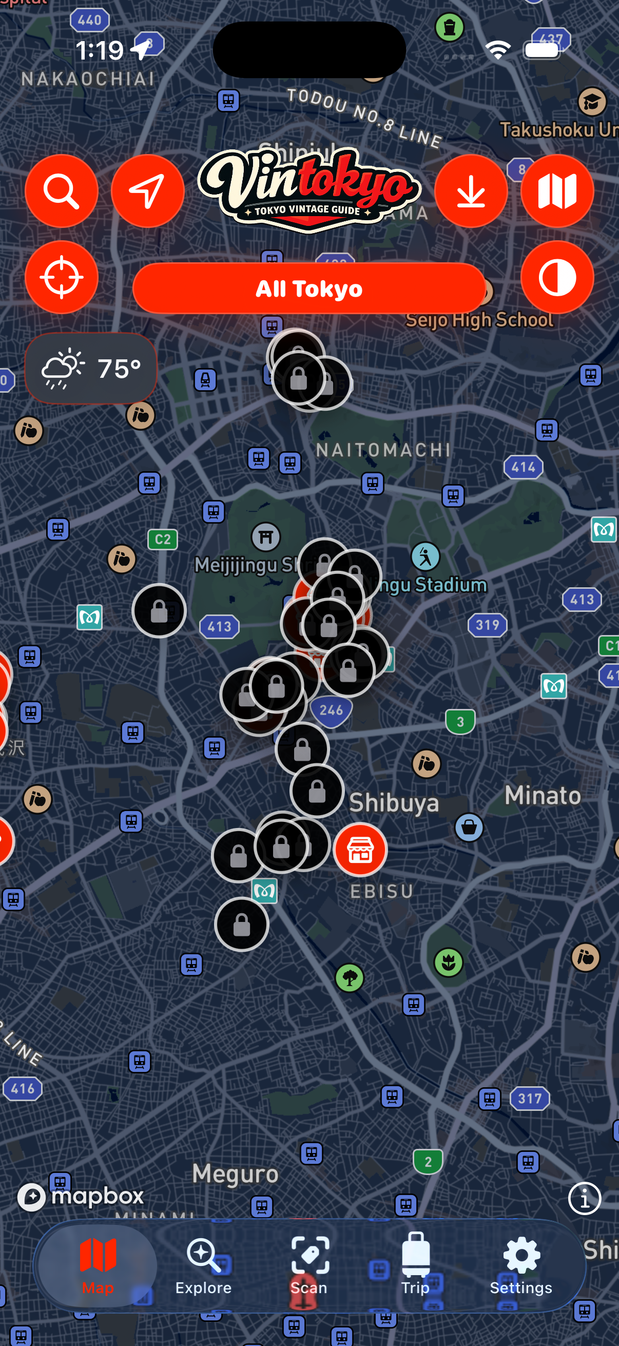 Vintokyo Tokyo vintage shop map on iPhone