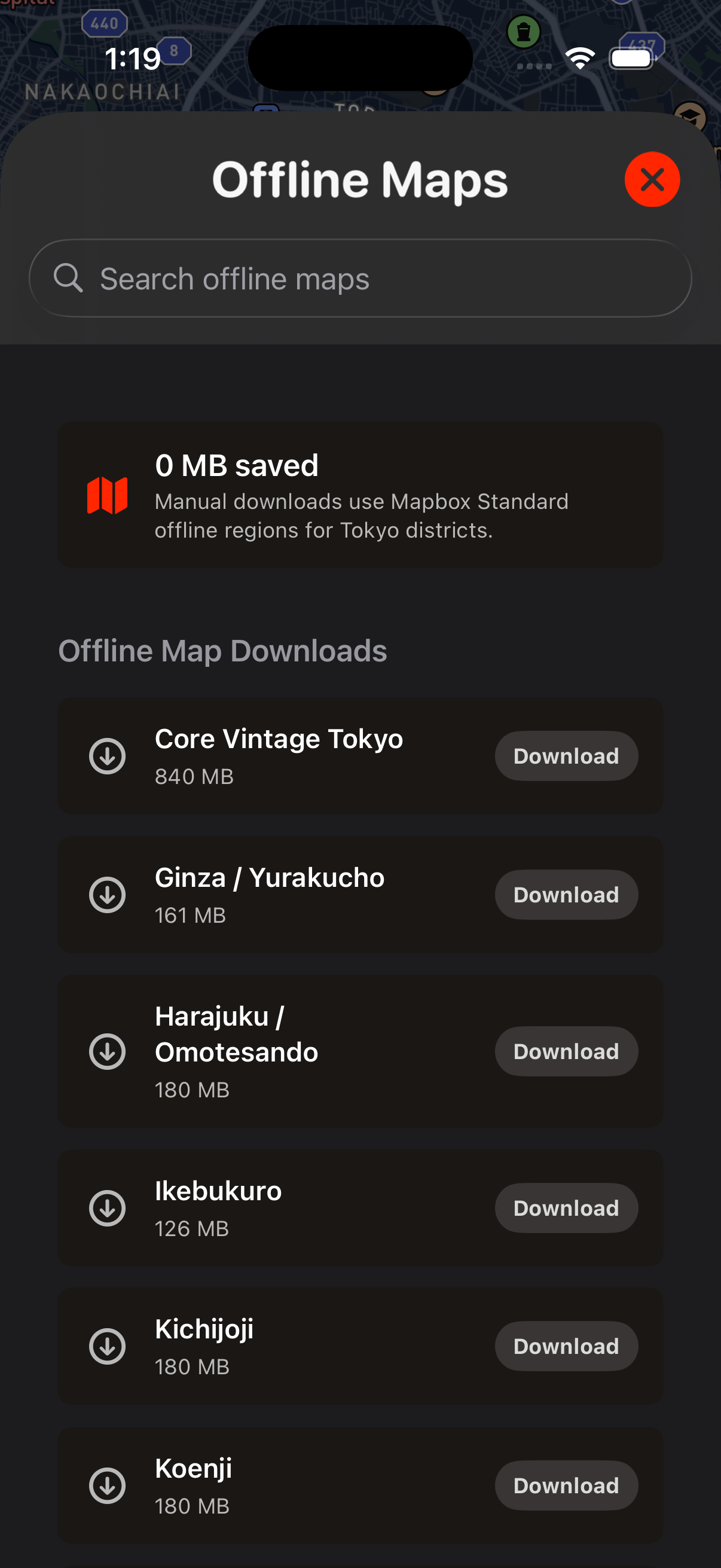 Vintokyo offline map download screen on iPhone
